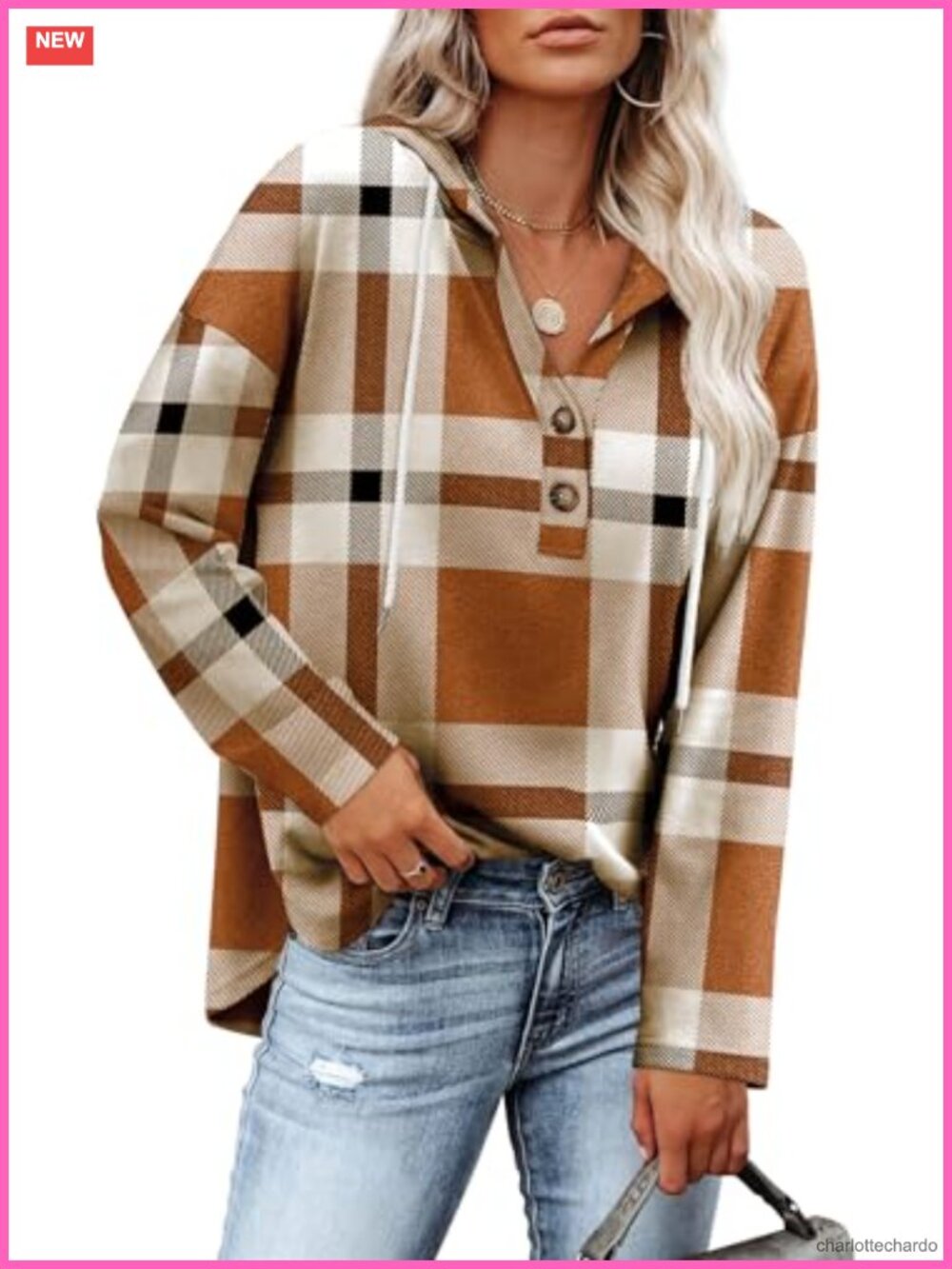 Womens V Neck Sweatshirt Pullover Loose Plaid Long Sleeve Tunic Top
